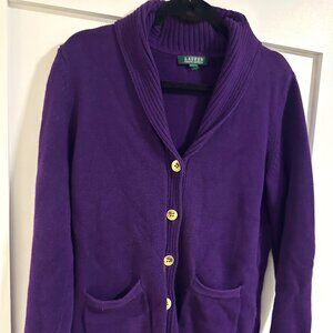 Lauren Ralph Lauren Purple Knit Cowl-neck Sweater with Gold Buttons, Size M